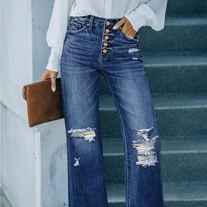 Wide Leg, High-Waisted, Distressed Jeans